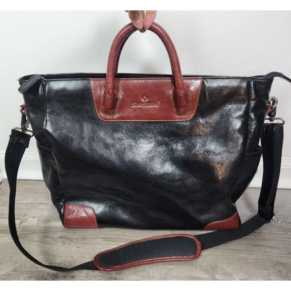 Samsonite By Heritage Industries Black W/Brown Trim Leather Travel Bag